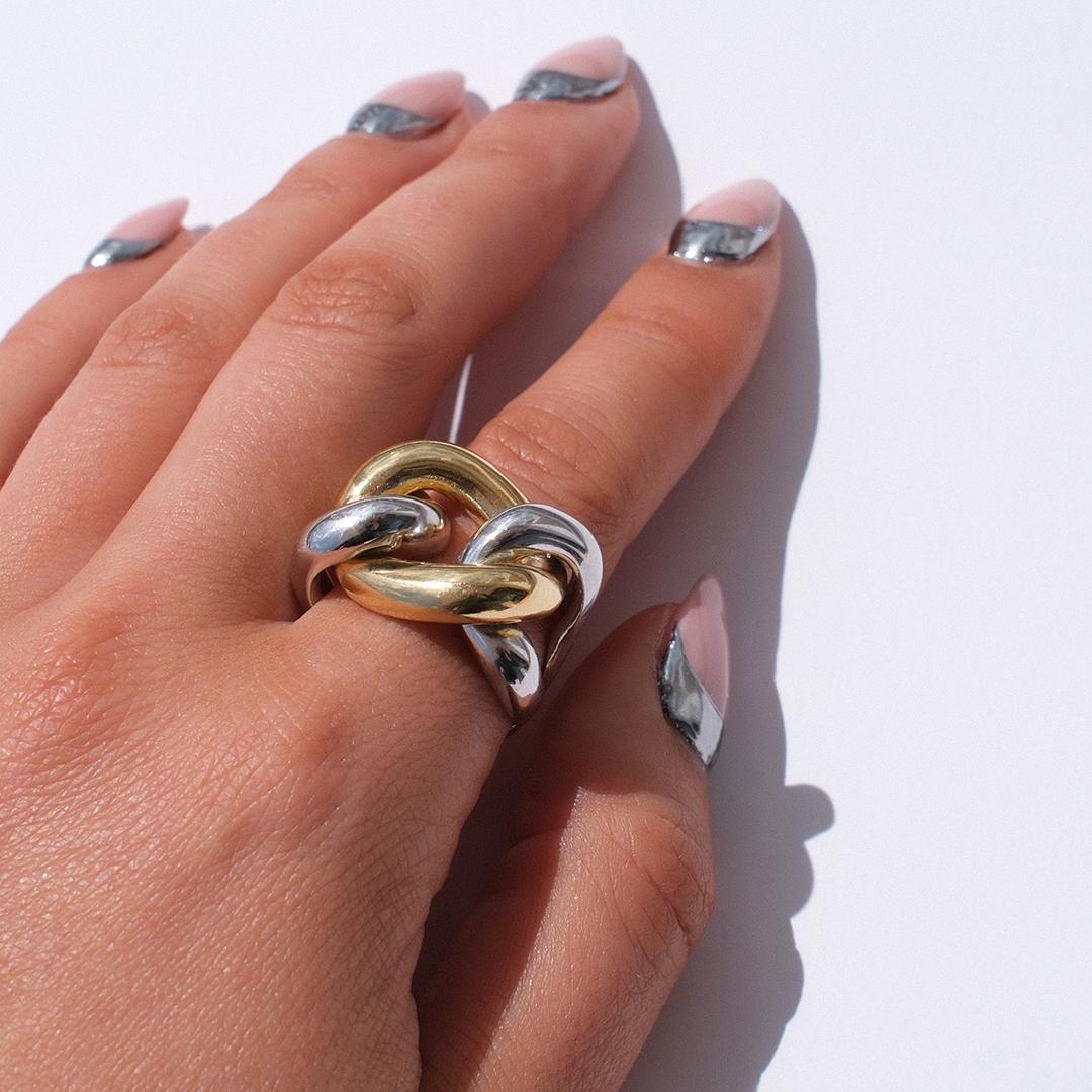 Chunky chain link ring, sterling silver and 18kt gold plated, mixed metal jewellery, Angel Rocks