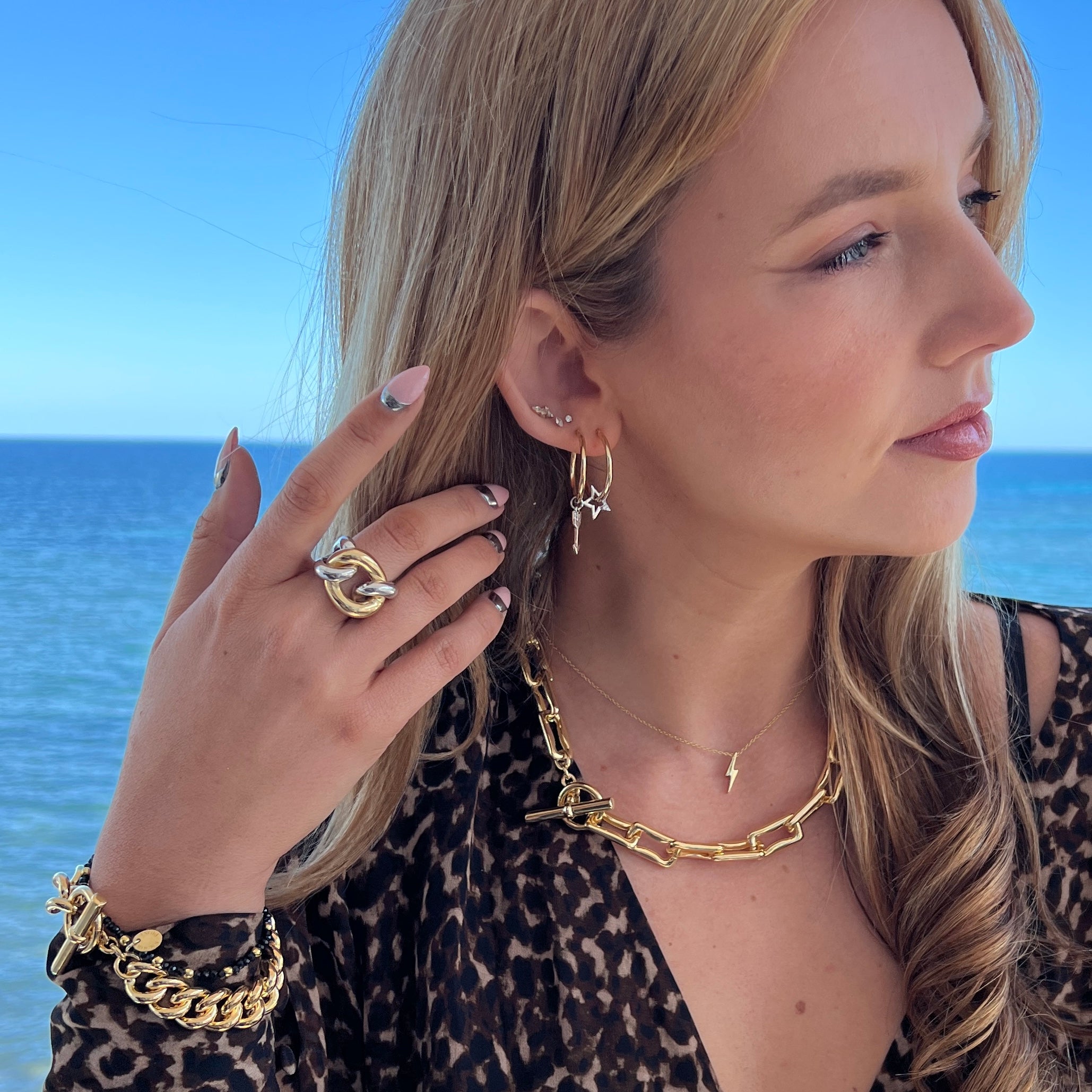 Chunky chain link ring, sterling silver and 18kt gold plated, mixed metal jewellery, Angel Rocks