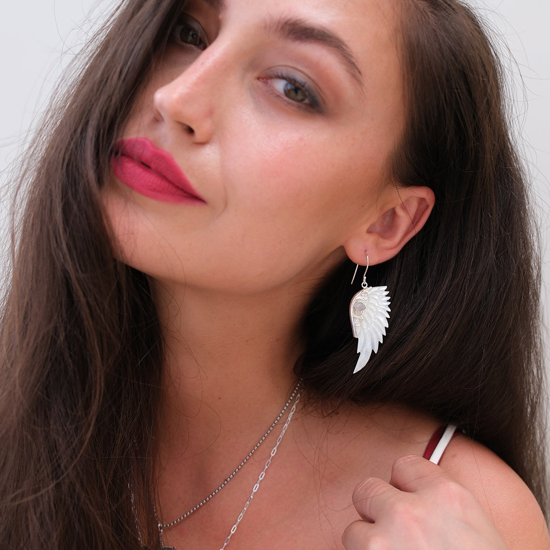 Hand Carved Wing Earrings Silver