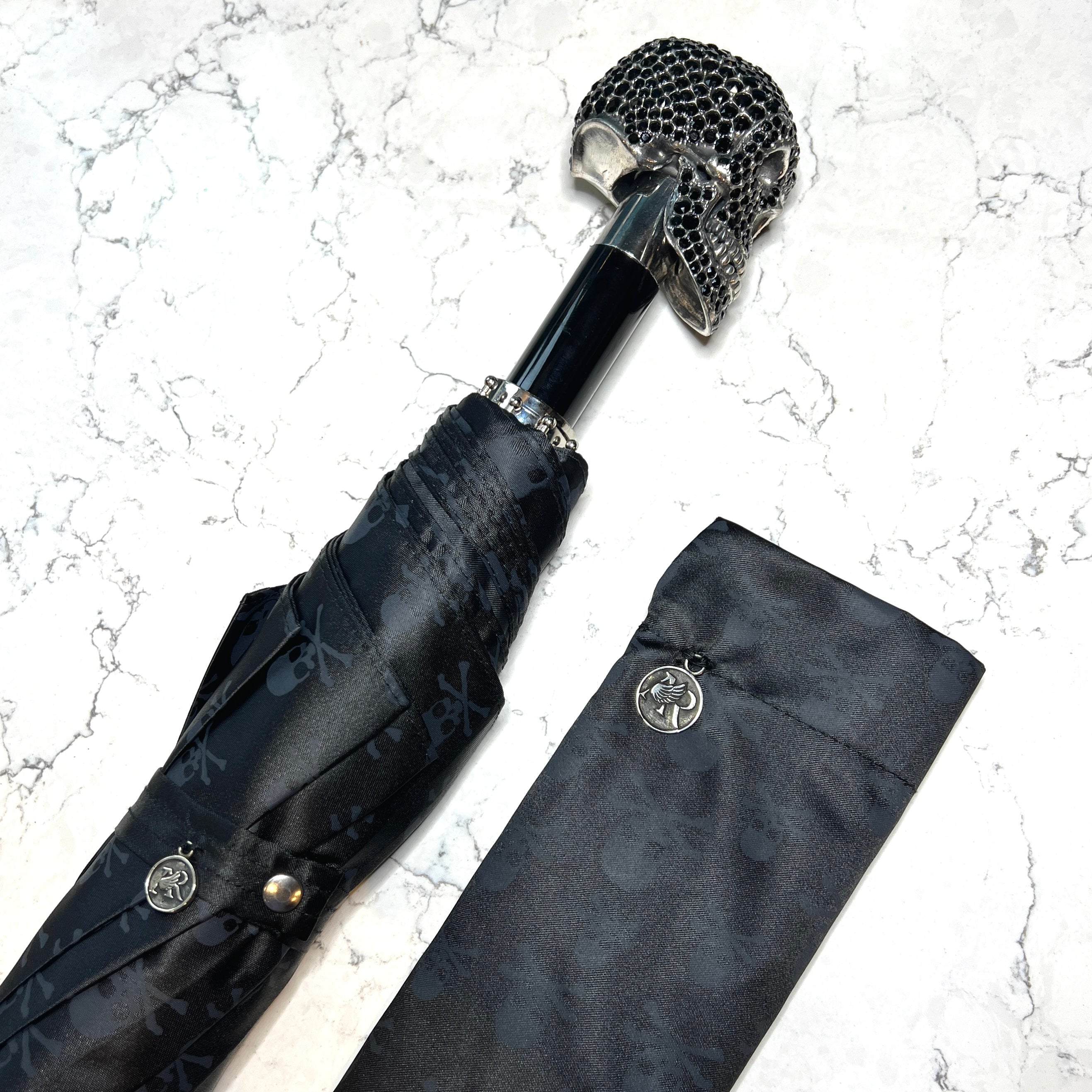 Black Diamante skulls print folding umbrella