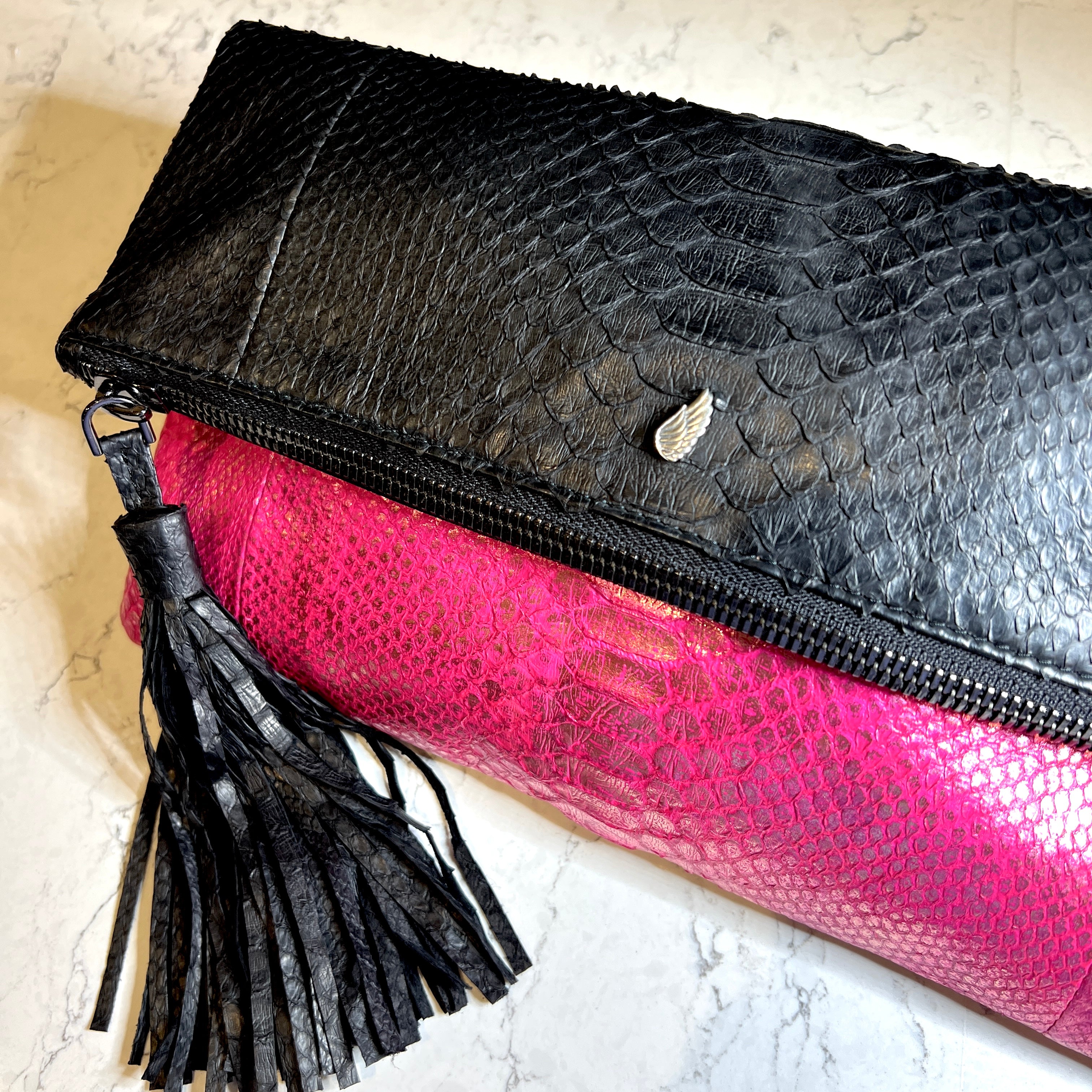 Fold-over Clutch Bag Black & Pink Metallic