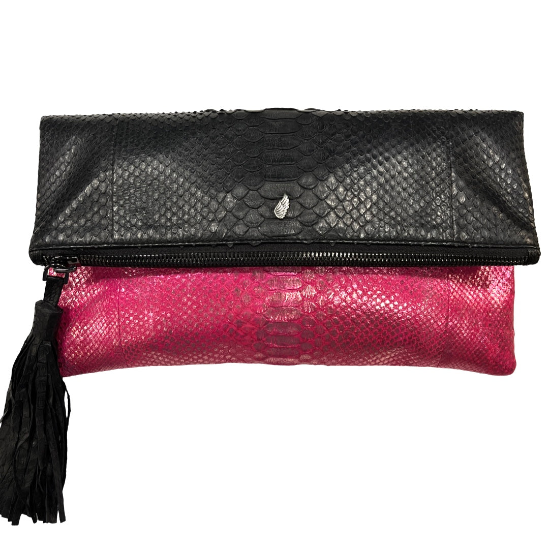 Fold-over Clutch Bag Black Pink Metallic