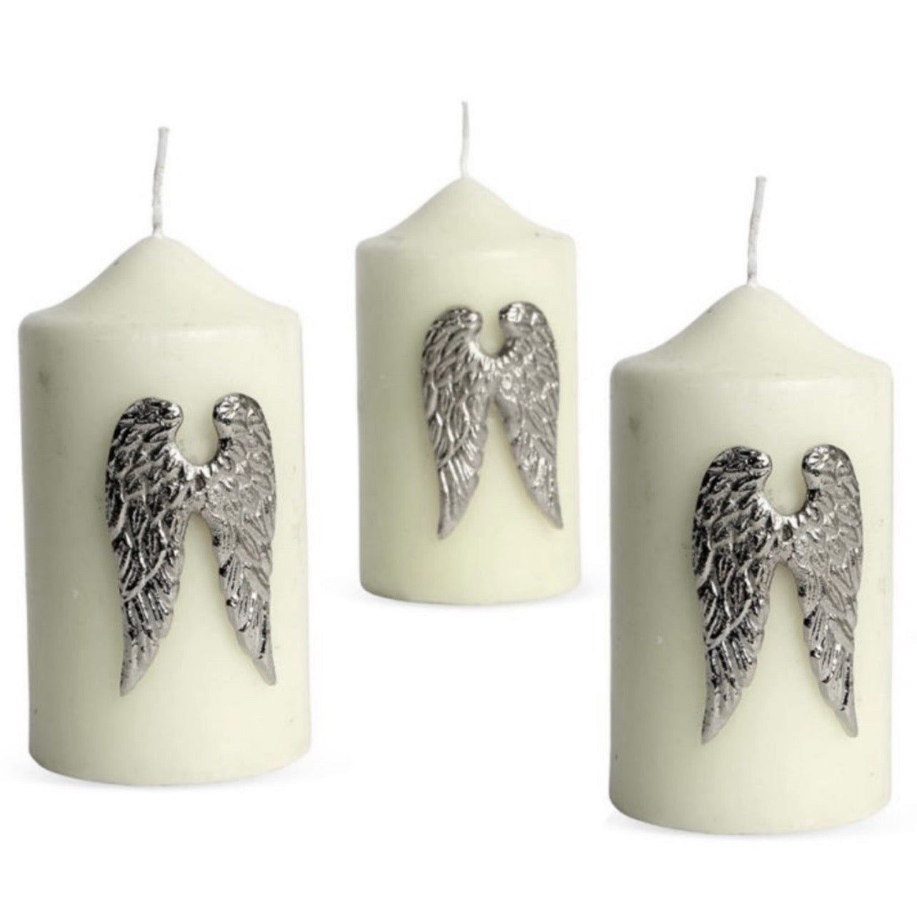 Set of three angel wing candle pins in nickel plated aluminium designed for decorative church candles by Angel Rocks