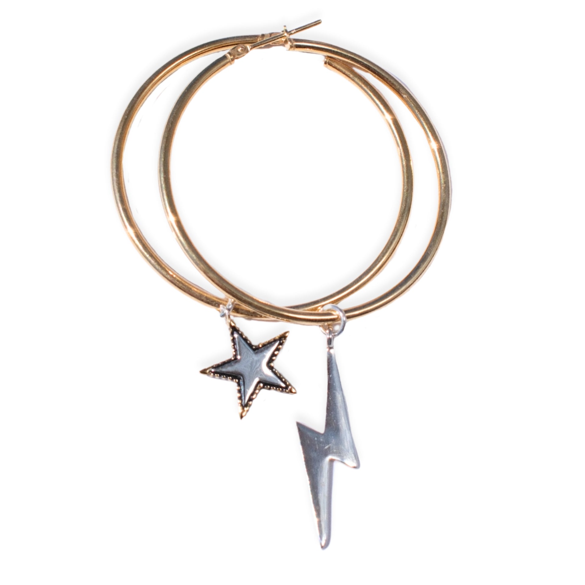 18kt gold plated sterling silver Bowie hoop earrings with detachable Rock Star and lightning bolt charms, mixed charm statement hoops by Angel Rocks