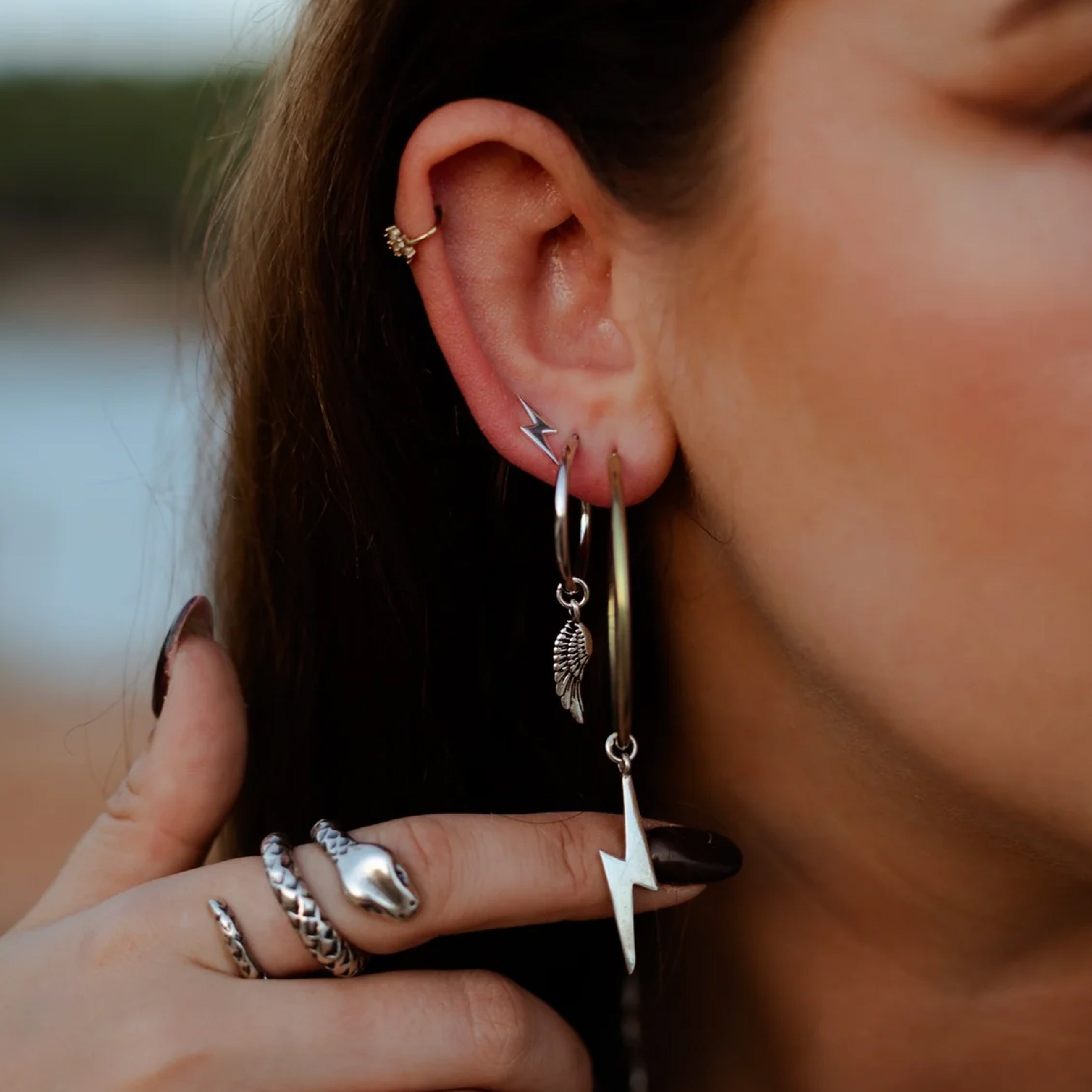 18kt gold plated sterling silver Bowie hoop earrings with detachable Rock Star and lightning bolt charms, mixed charm statement hoops by Angel Rocks