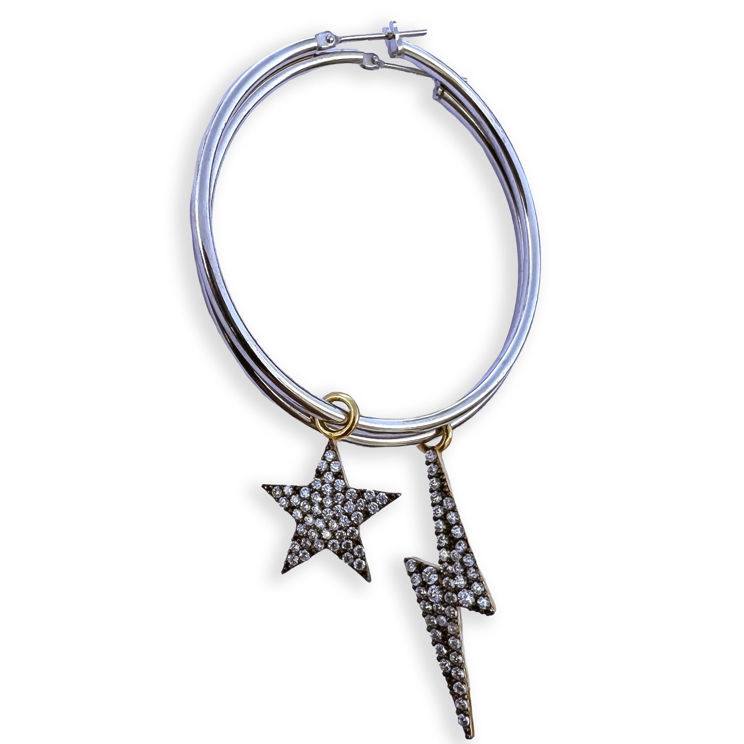 Sterling silver Bowie hoop earrings with detachable cosmic grey diamanté star and lightning bolt charms in mixed metal finish by Angel Rocks