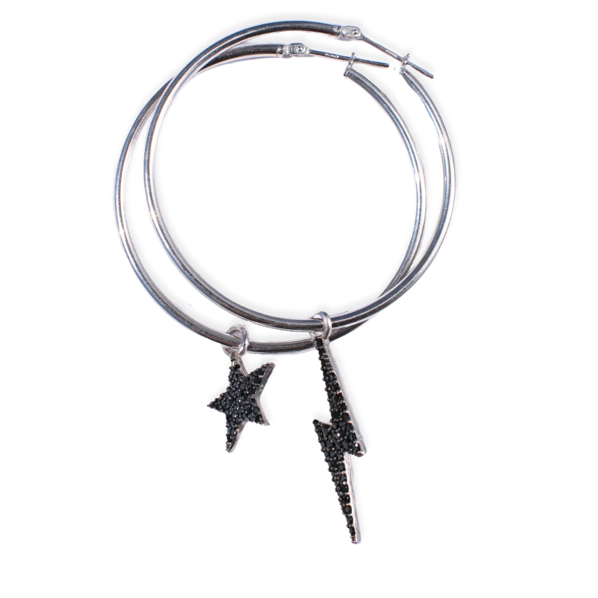Sterling silver Bowie hoop earrings with detachable black diamanté star and lightning bolt charms, cosmic statement earrings by Angel Rocks