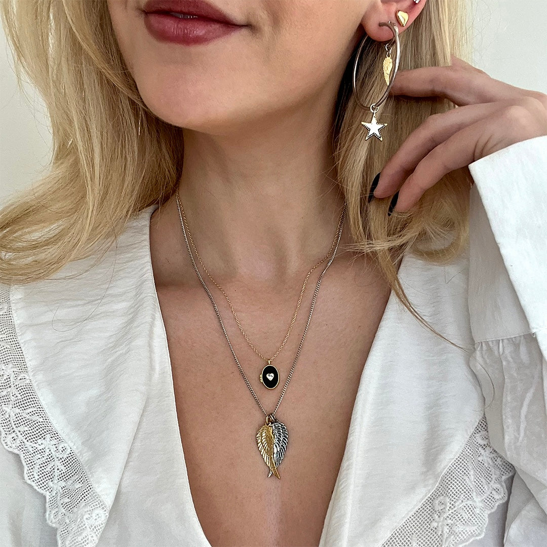 Large sterling silver hoop earrings with star charm, gold-edged detailing, mixed metal jewellery, Angel Rocks