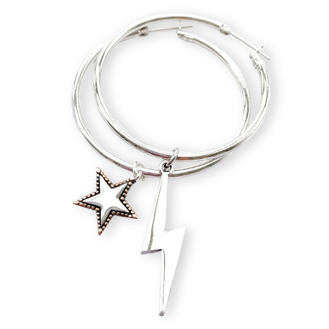 Large sterling silver hoop earrings with star and lightning bolt charms, statement jewellery, Rock n Roll inspired, Angel Rocks