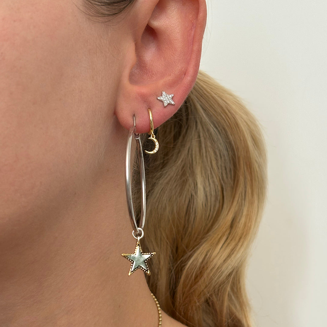 Large sterling silver hoop earrings with gold-edged star charm, mixed metal statement earrings, Angel Rocks