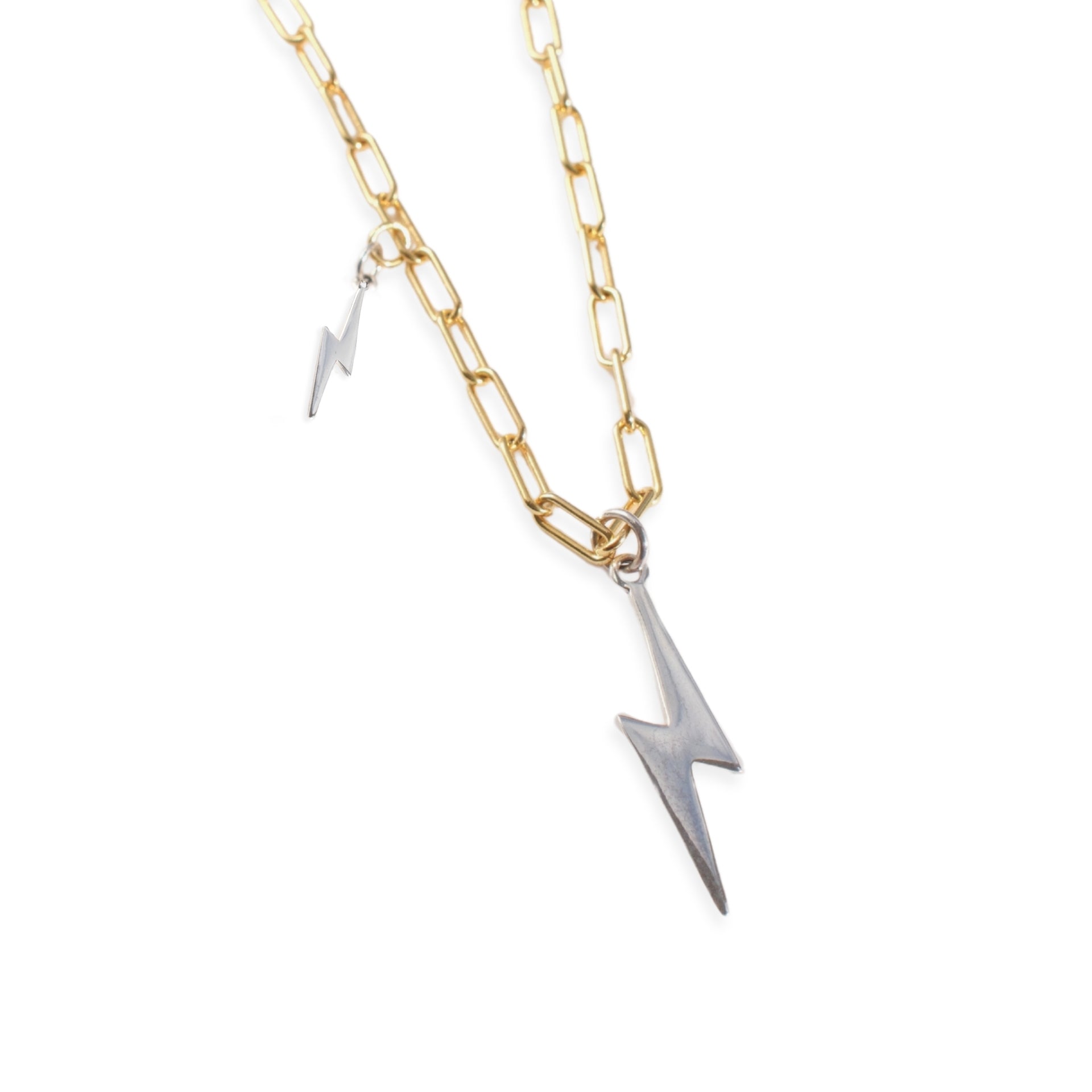 18kt gold plated sterling silver Bowie necklace with silver lightning bolt and mini charm pendants on adjustable chain by Angel Rocks