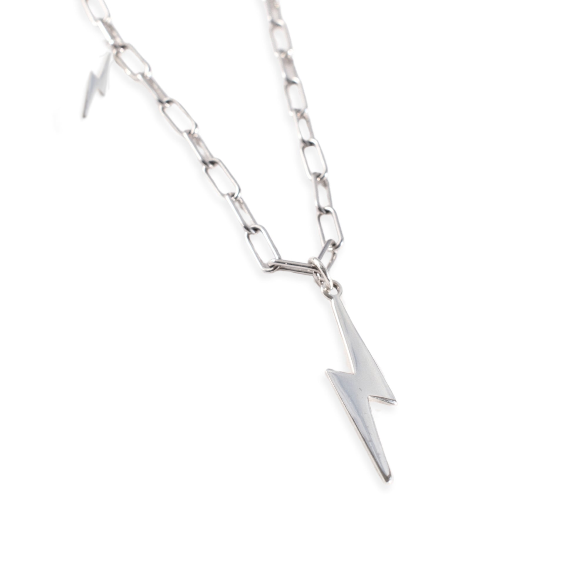 Sterling silver Bowie necklace with lightning bolt and mini charm pendants on adjustable chain by Angel Rocks