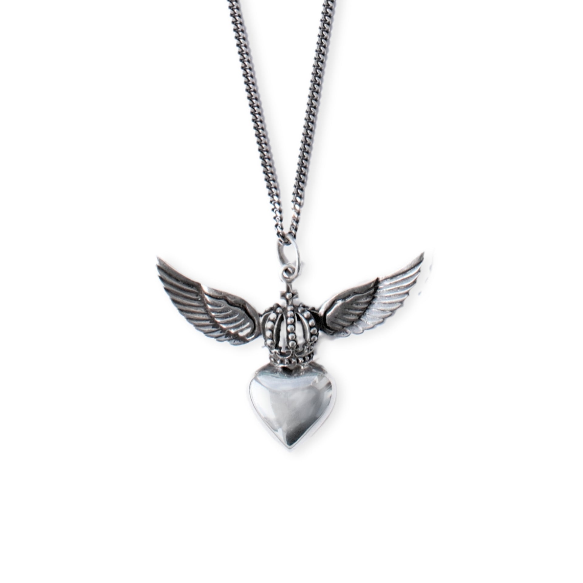 Sterling silver Divine Heart necklace with angel wings and crown pendant on adjustable snake chain, statement jewellery by Angel Rocks