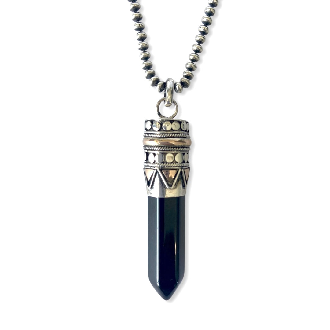 Black Onyx goddess necklace with crystal point pendant set in sterling silver and 18kt rose gold on chunky chain, statement healing jewellery by Angel Rocks