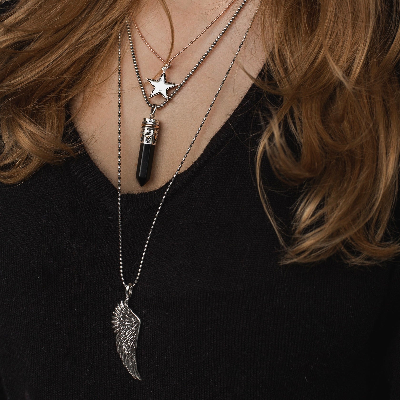 Black Onyx goddess necklace with crystal point pendant set in sterling silver and 18kt rose gold on chunky chain, statement healing jewellery by Angel Rocks