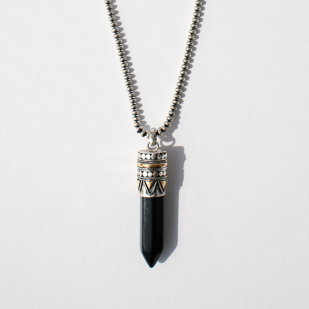 Black Onyx goddess necklace with crystal point pendant set in sterling silver and 18kt rose gold on chunky chain, statement healing jewellery by Angel Rocks