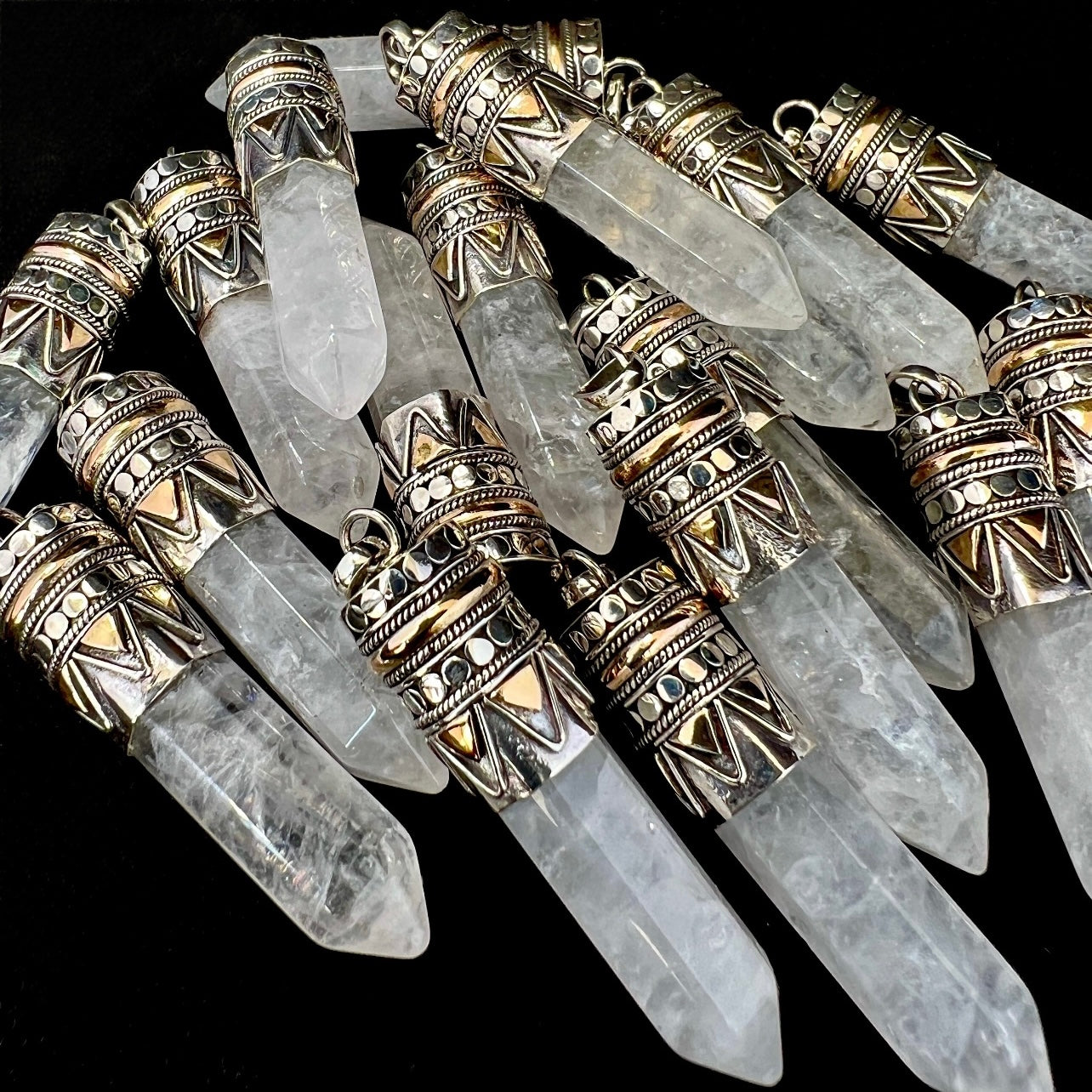 Clear quartz goddess necklace with rock crystal point pendant set in sterling silver and 18kt rose gold on chunky chain, statement healing jewellery by Angel Rocks