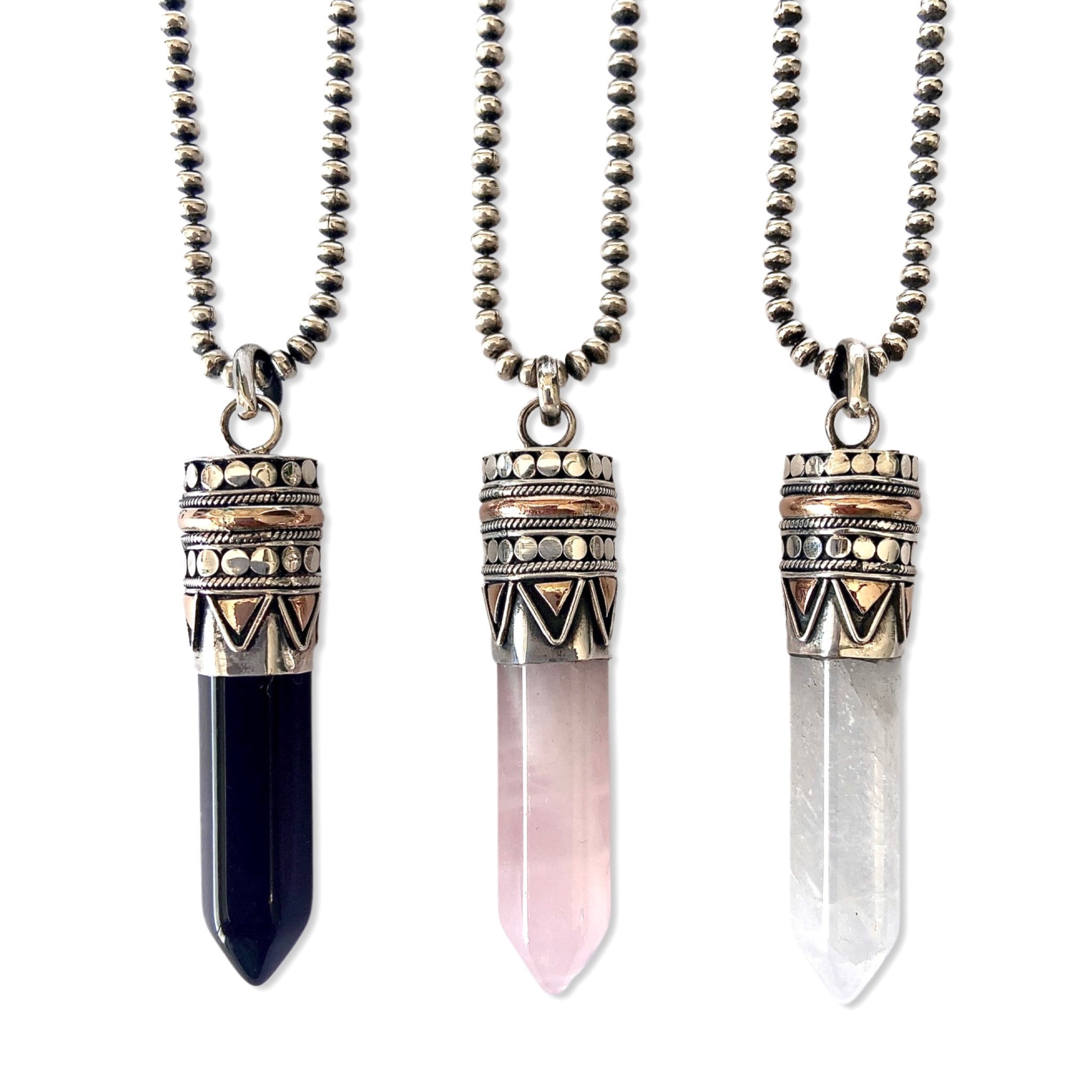 Crystal goddess necklace with rock crystal, black onyx, rose quartz, point pendant set in sterling silver and 18kt rose gold on chunky chain, statement healing jewellery by Angel Rocks