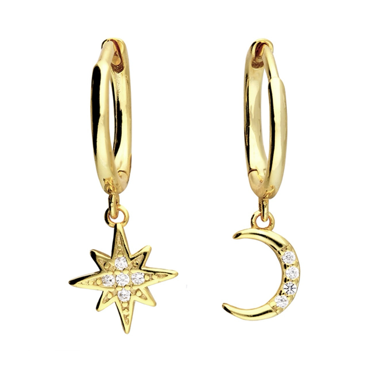 18kt gold plated sterling silver star and moon celestial huggie hoop earrings with cubic zirconia detail by Angel Rocks