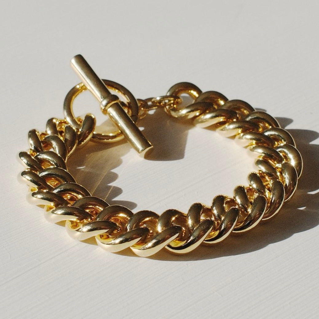 18kt gold plated chunky curb chain bracelet with T-bar closure and statement link design by Angel Rocks