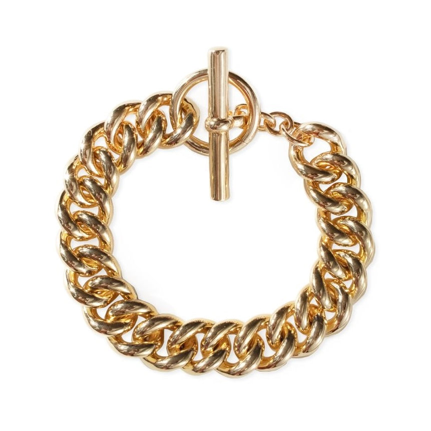18kt gold plated chunky curb chain bracelet with T-bar closure and statement link design by Angel Rocks