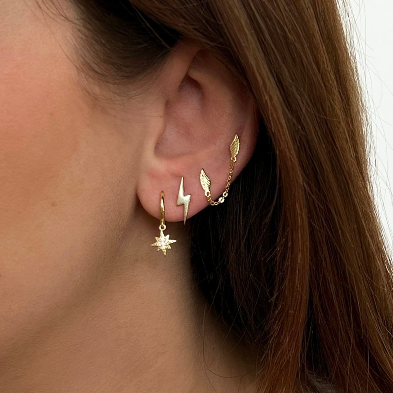 18kt Gold plated sterling silver lightning bolt stud earring, Stackable stud, Angel Rocks