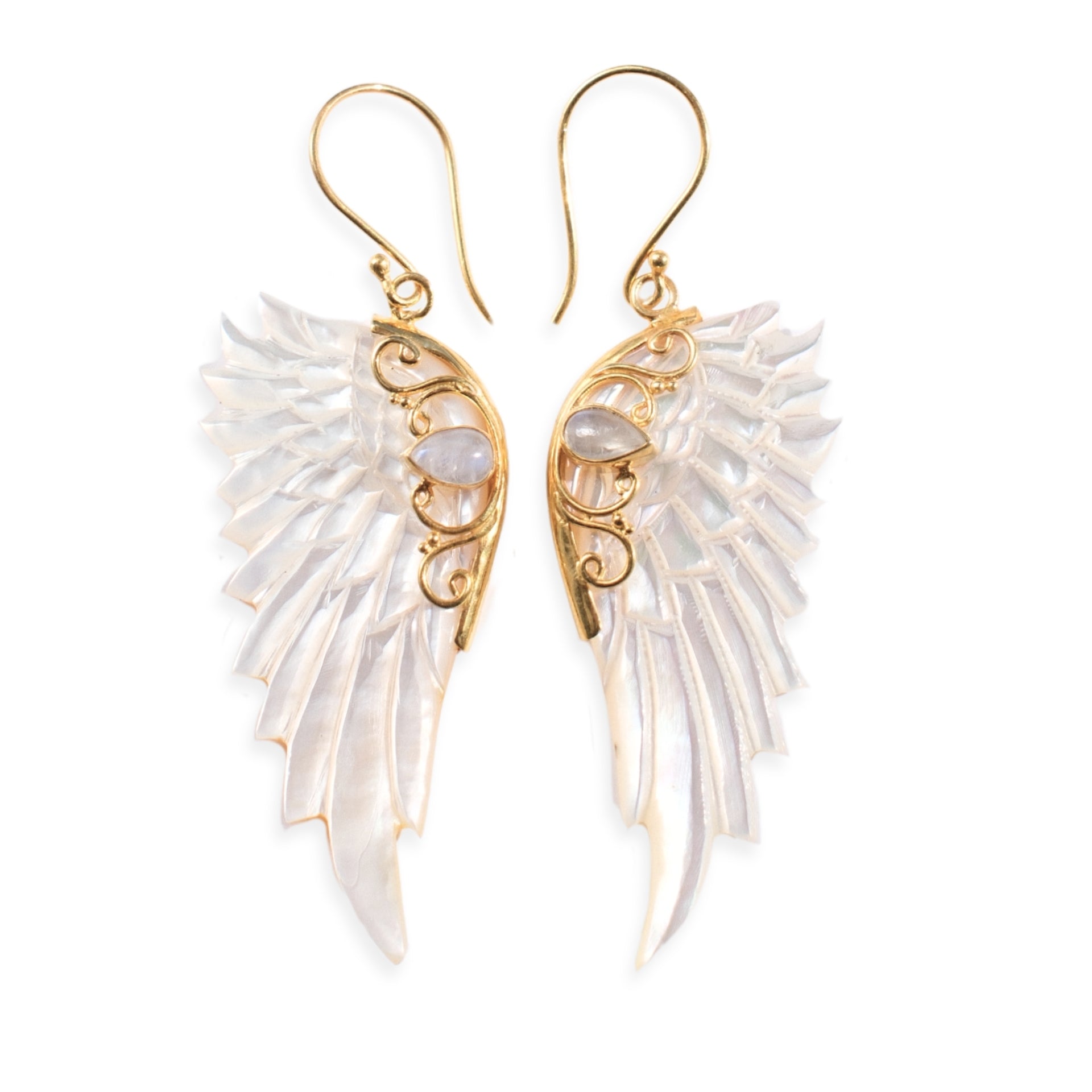 Hand carved mother of pearl angel wing earrings set in 18kt gold plated sterling silver by Angel Rocks