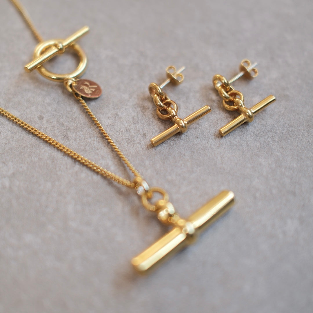 18kt gold plated sterling silver chain link earrings with T-bar drop detail, modern statement design by Angel Rocks