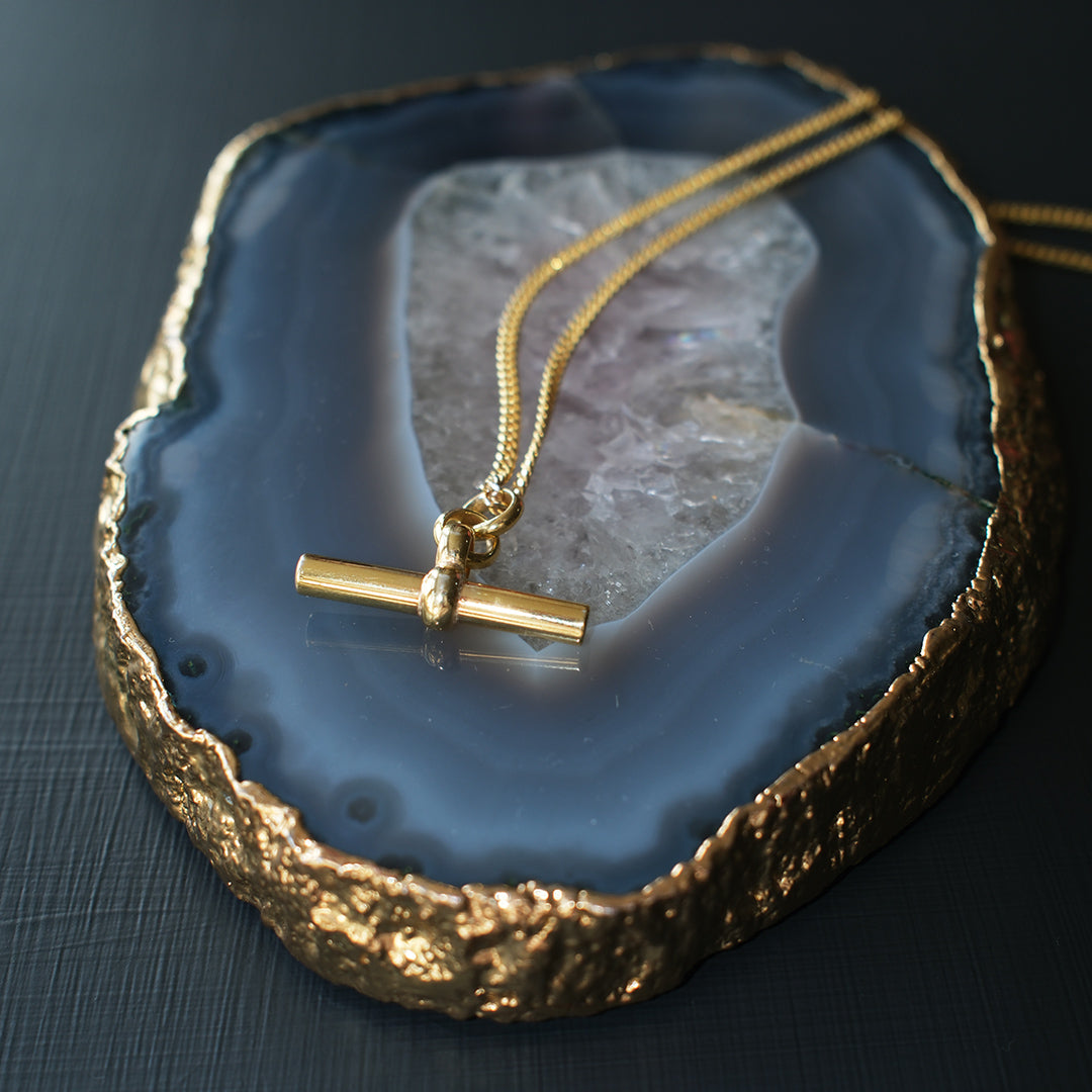18kt gold plated sterling silver T-bar necklace on fine curb chain, classic statement jewellery by Angel Rocks