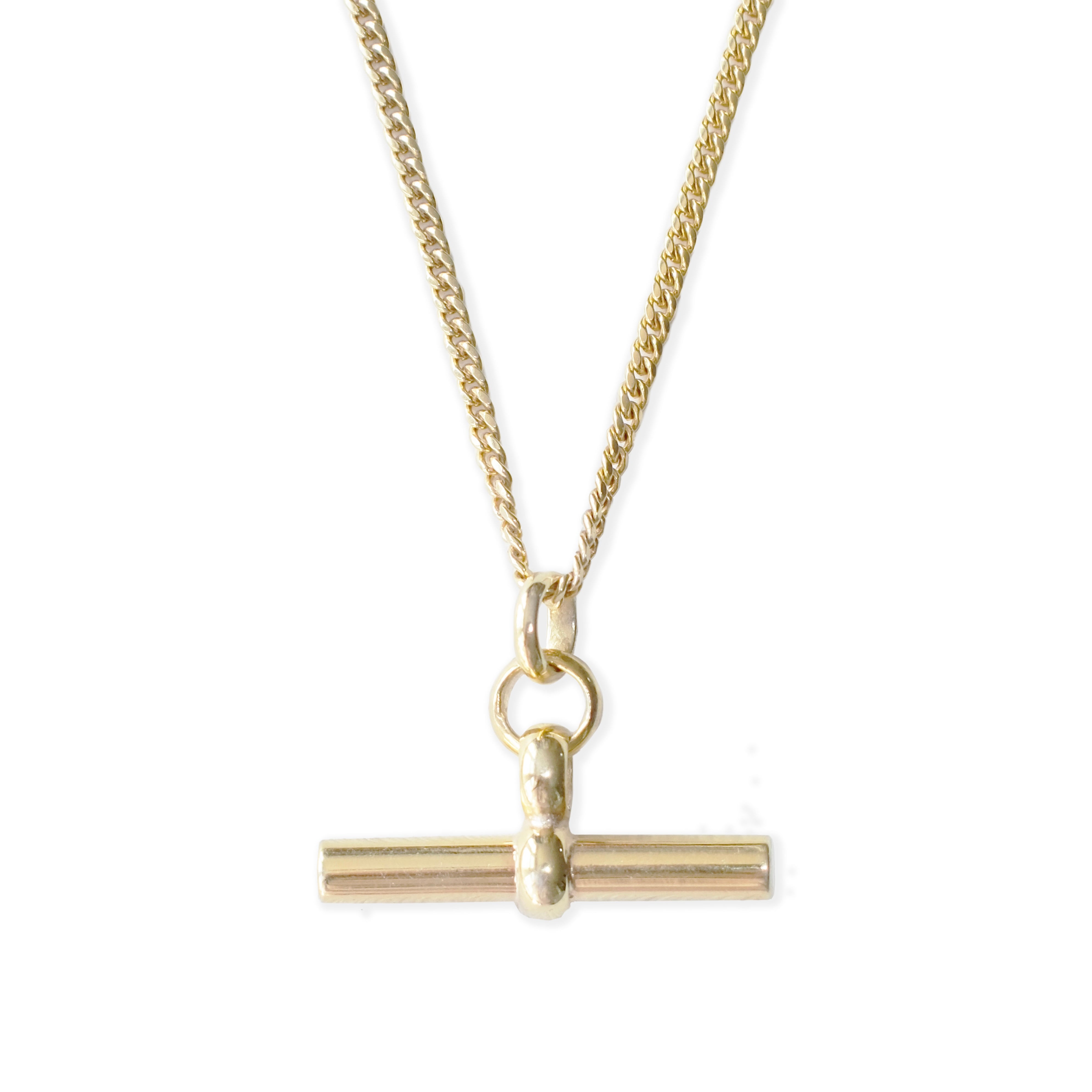 18kt gold plated sterling silver T-bar necklace on fine curb chain, classic statement jewellery by Angel Rocks
