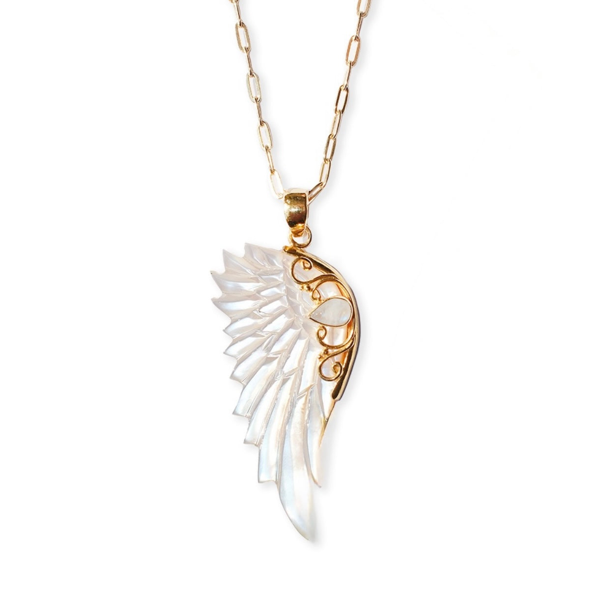 Gold hand carved wing necklace with mother of pearl pendant and moonstone detail on 18kt gold plated sterling silver chain, statement jewellery by Angel Rocks
