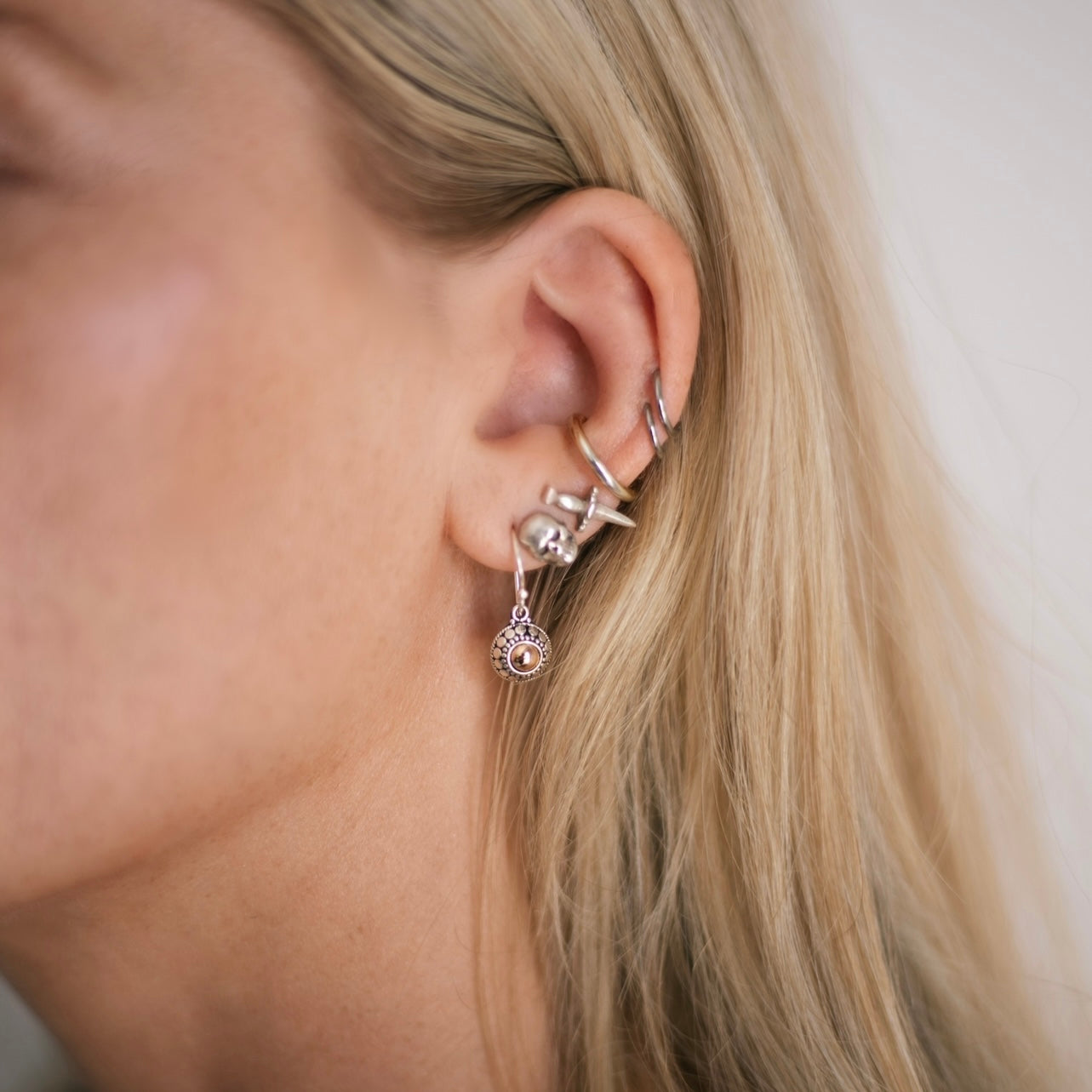 Sterling silver drop earrings with 18k rose gold dot detail, small delicate dangly earrings, Angel Rocks