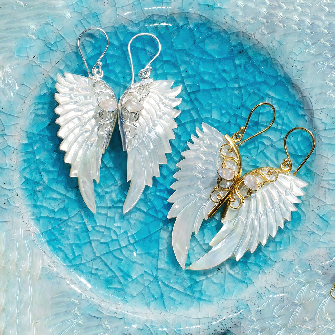 Hand Carved Wing Earrings Gold