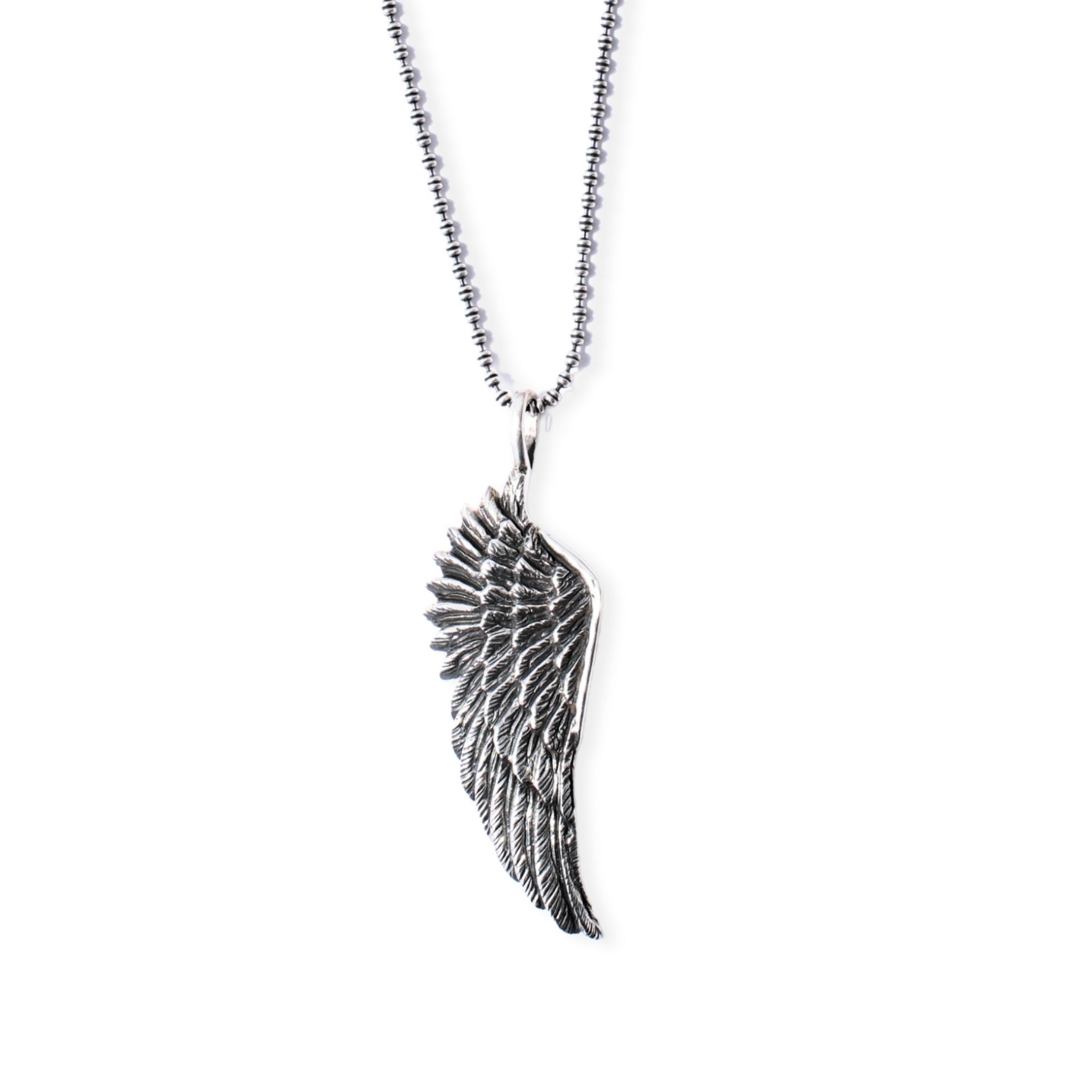 Handmade oxidised sterling silver angel wing pendant necklace on long chain by Angel Rocks