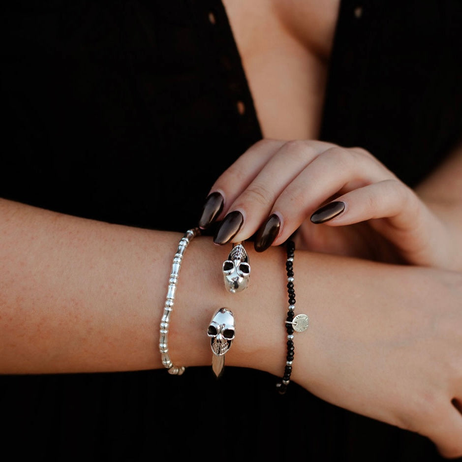 Large solid sterling silver skull bangle bracelet, adjustable statement wrist cuff by Angel Rocks