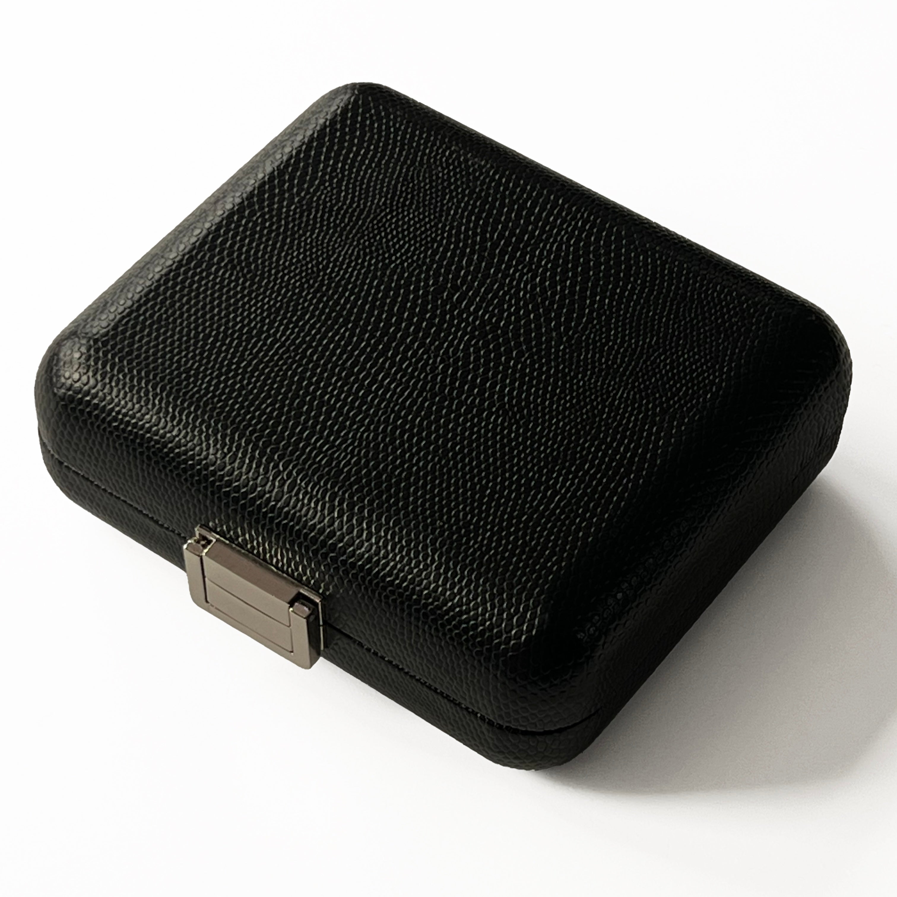 Luxury black vegan leather jewellery box with soft suede interior and compact travel design, including coin purse for storage by Angel Rocks