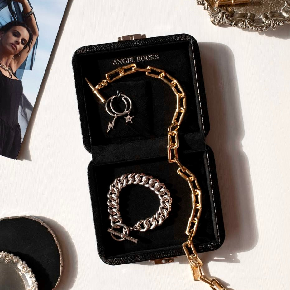 Luxury black vegan leather jewellery box with soft suede interior and compact travel design, including coin purse for storage by Angel Rocks