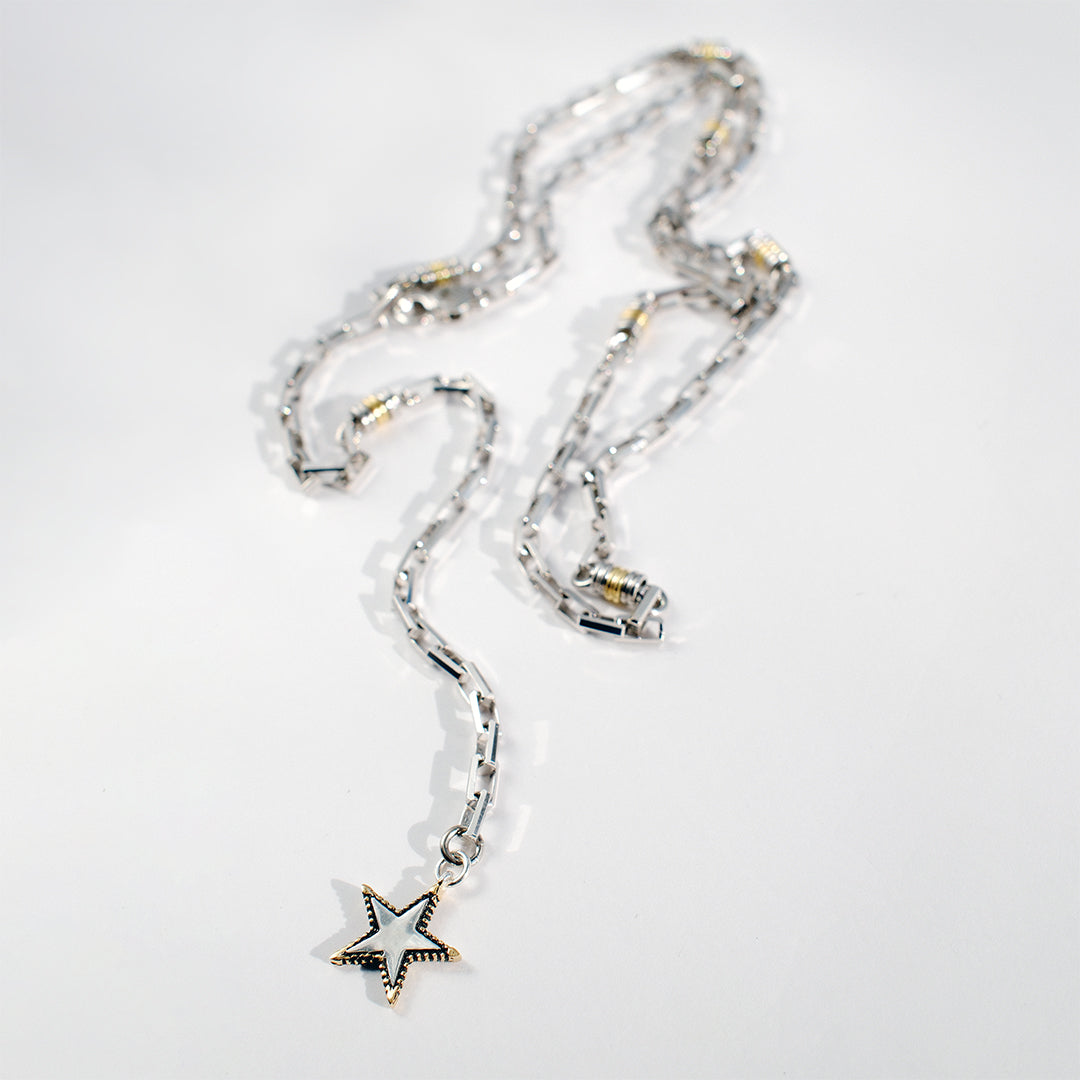 Rock Star lariat necklace with sterling silver chain, gold-edged star charm and adjustable long chain detail by Angel Rocks