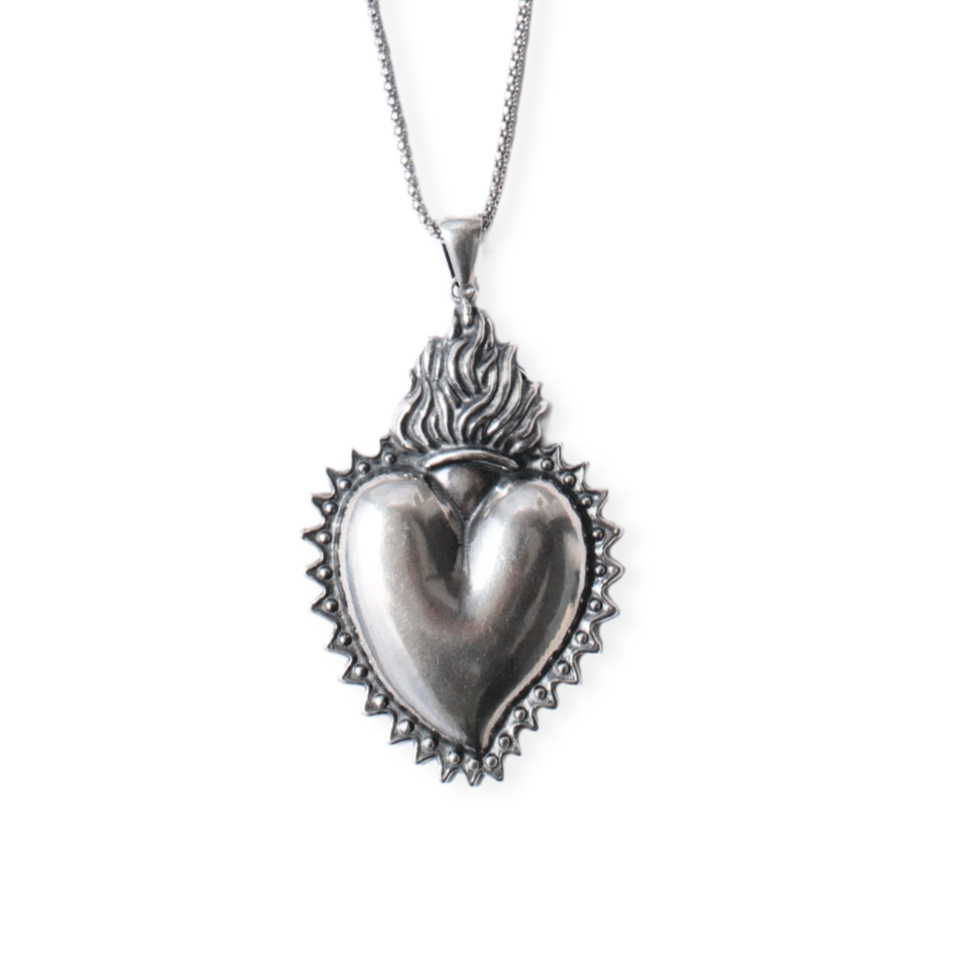 Chunky sterling silver sacred heart necklace with oxidised double-sided pendant on adjustable chain, statement talisman jewellery by Angel Rocks