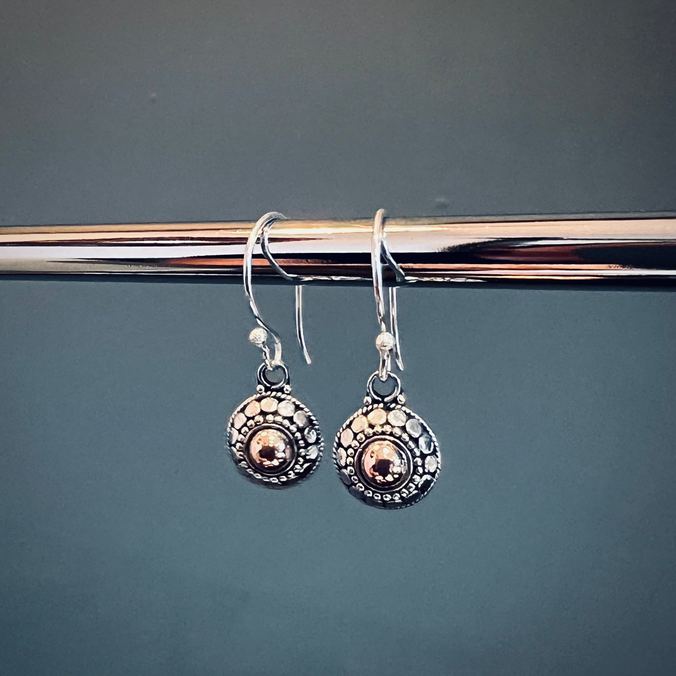 Sterling silver drop earrings with 18k rose gold dot detail, small delicate dangly earrings, Angel Rocks