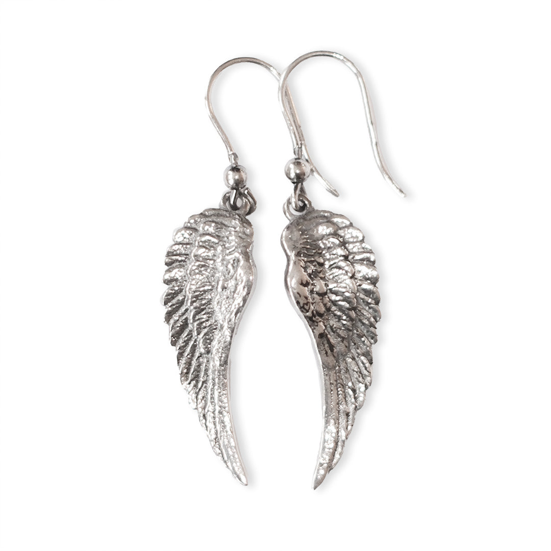Pair of sterling silver angel wing earrings, handmade wing design by Angel Rocks