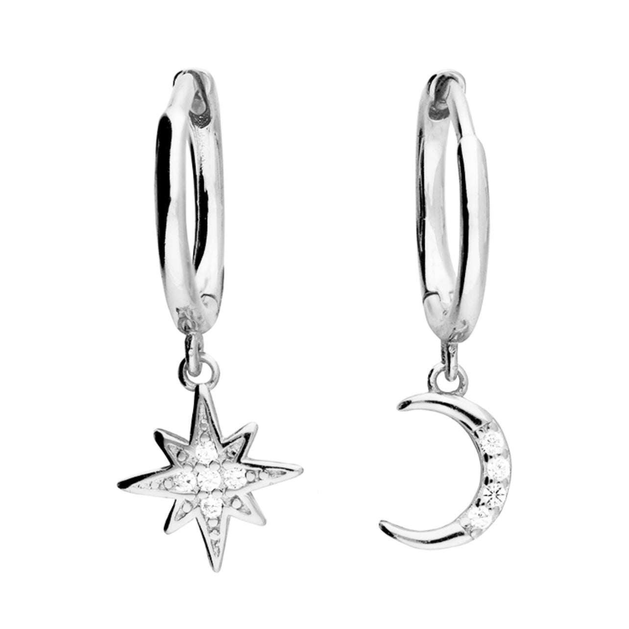 Sterling silver star and moon celestial huggie hoop earrings with cubic zirconia detail by Angel Rocks