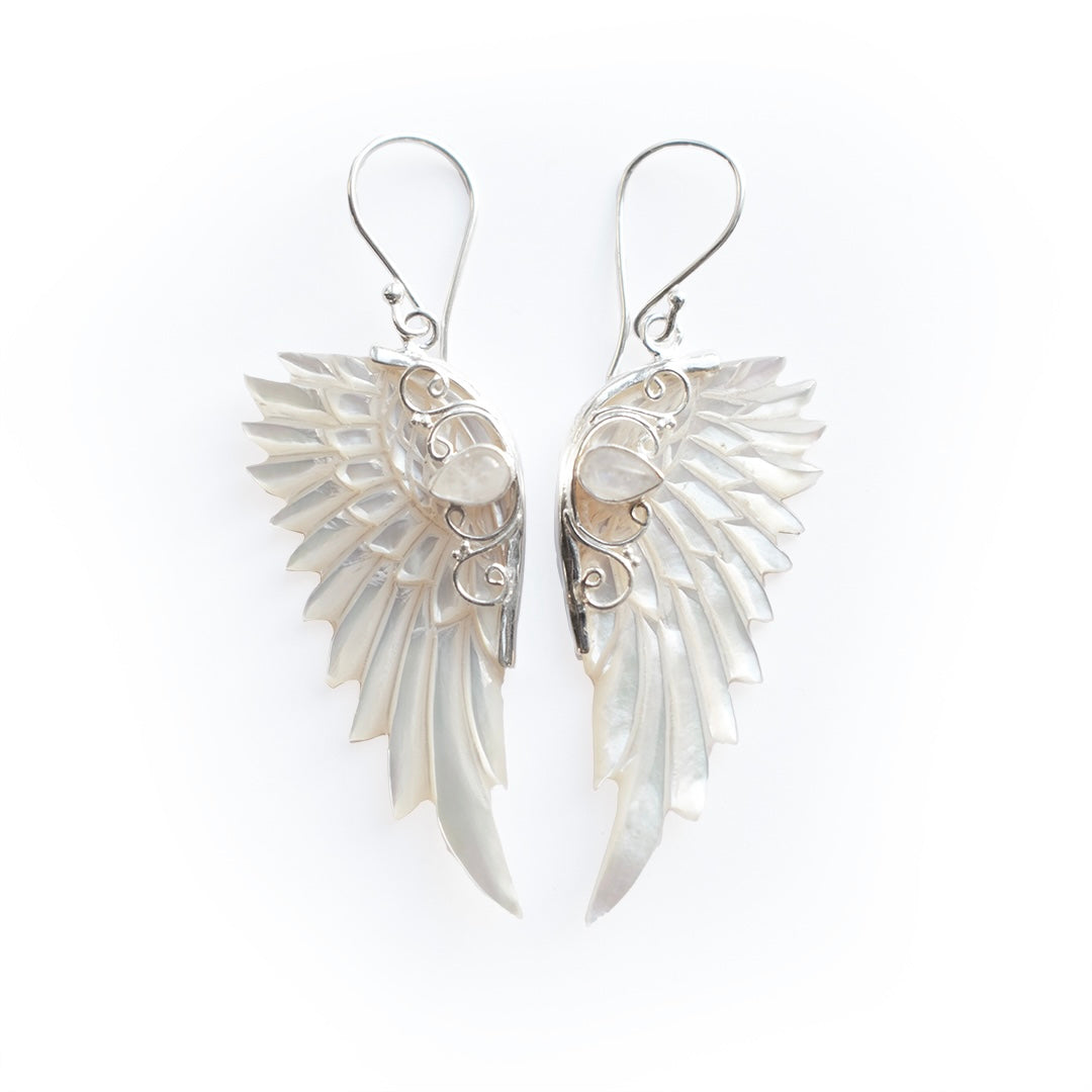 Hand carved mother of pearl angel wing earrings set in sterling silver by Angel Rocks