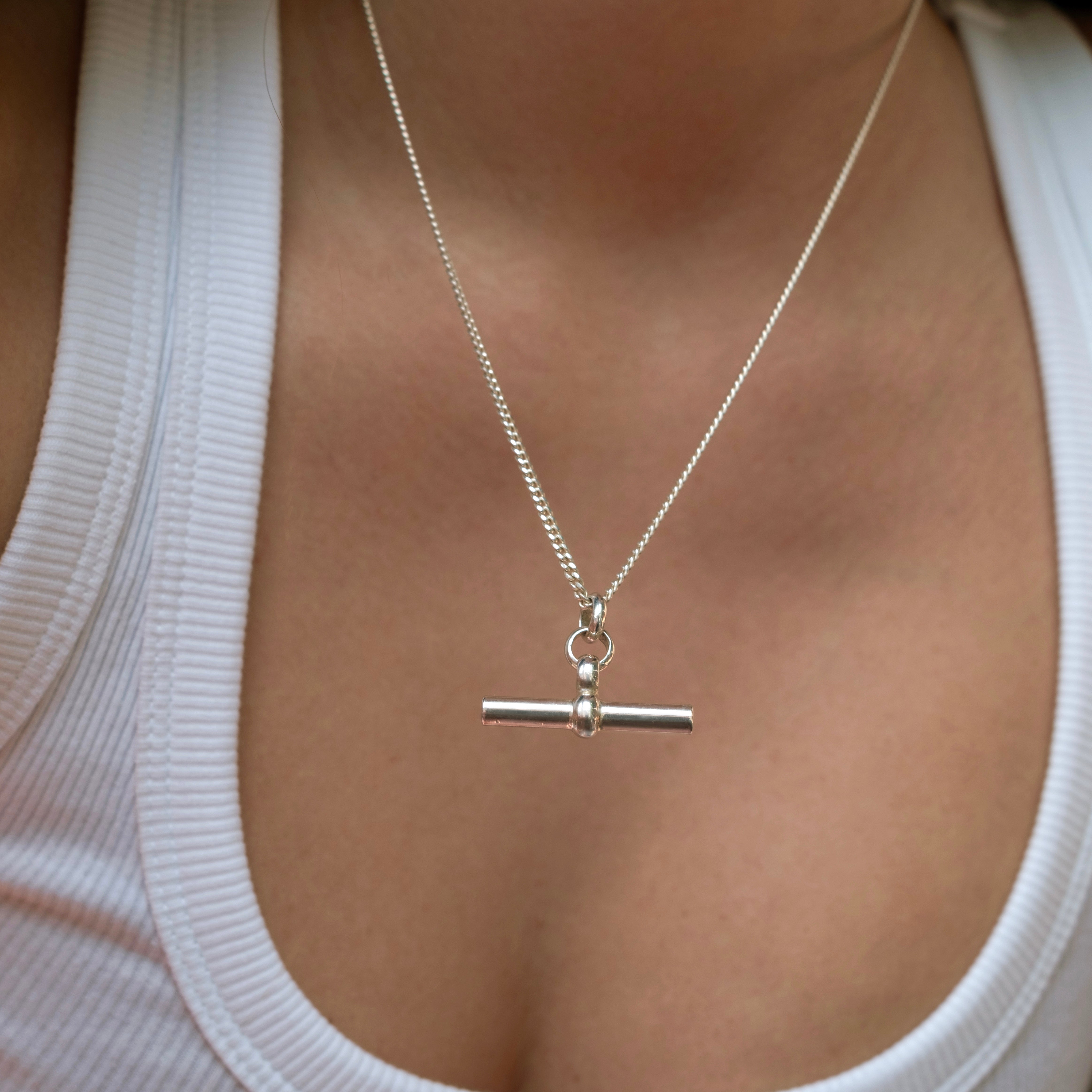 Sterling silver T-bar necklace on fine curb chain, classic statement jewellery by Angel Rocks