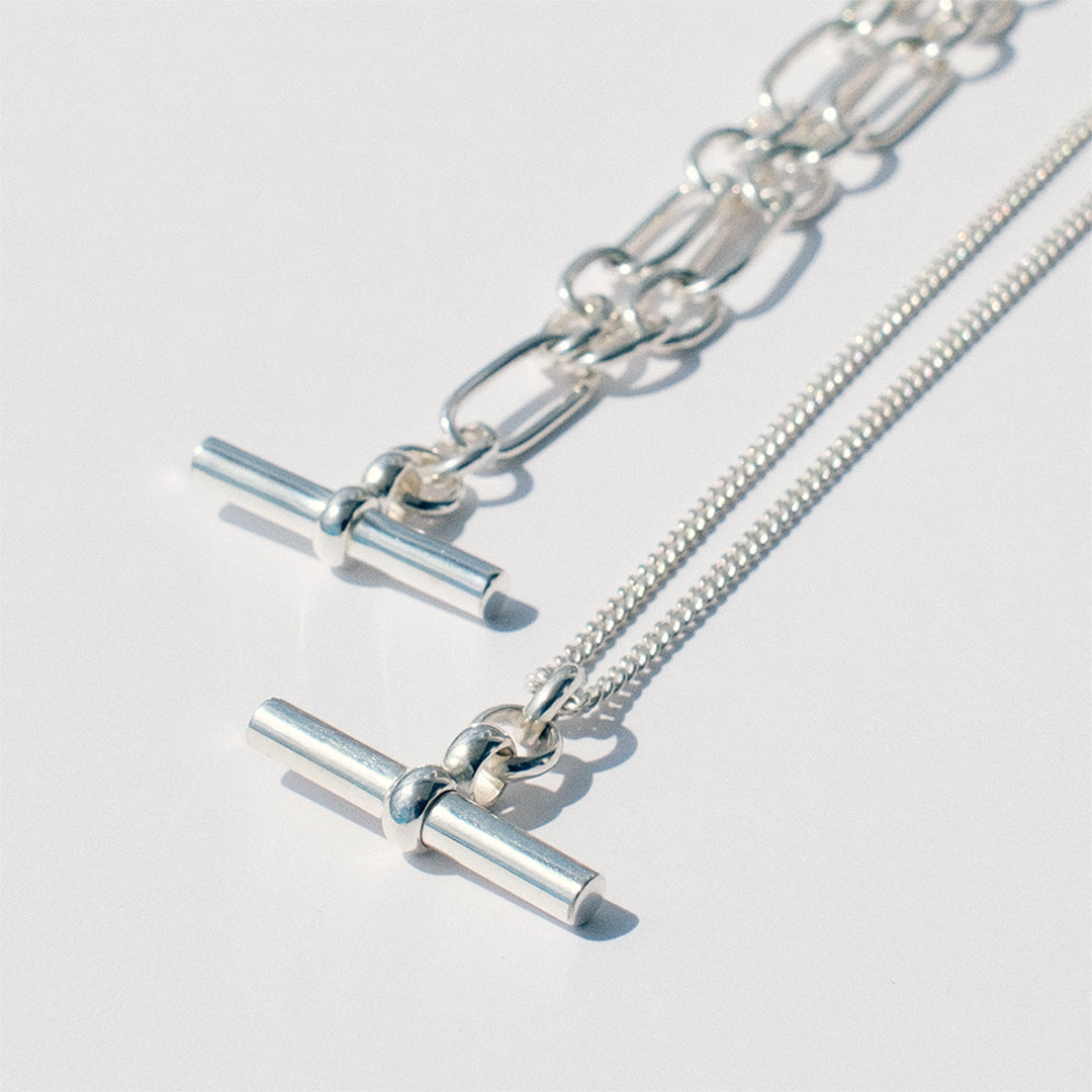 Sterling silver T-bar necklace on fine curb chain, classic statement jewellery by Angel Rocks