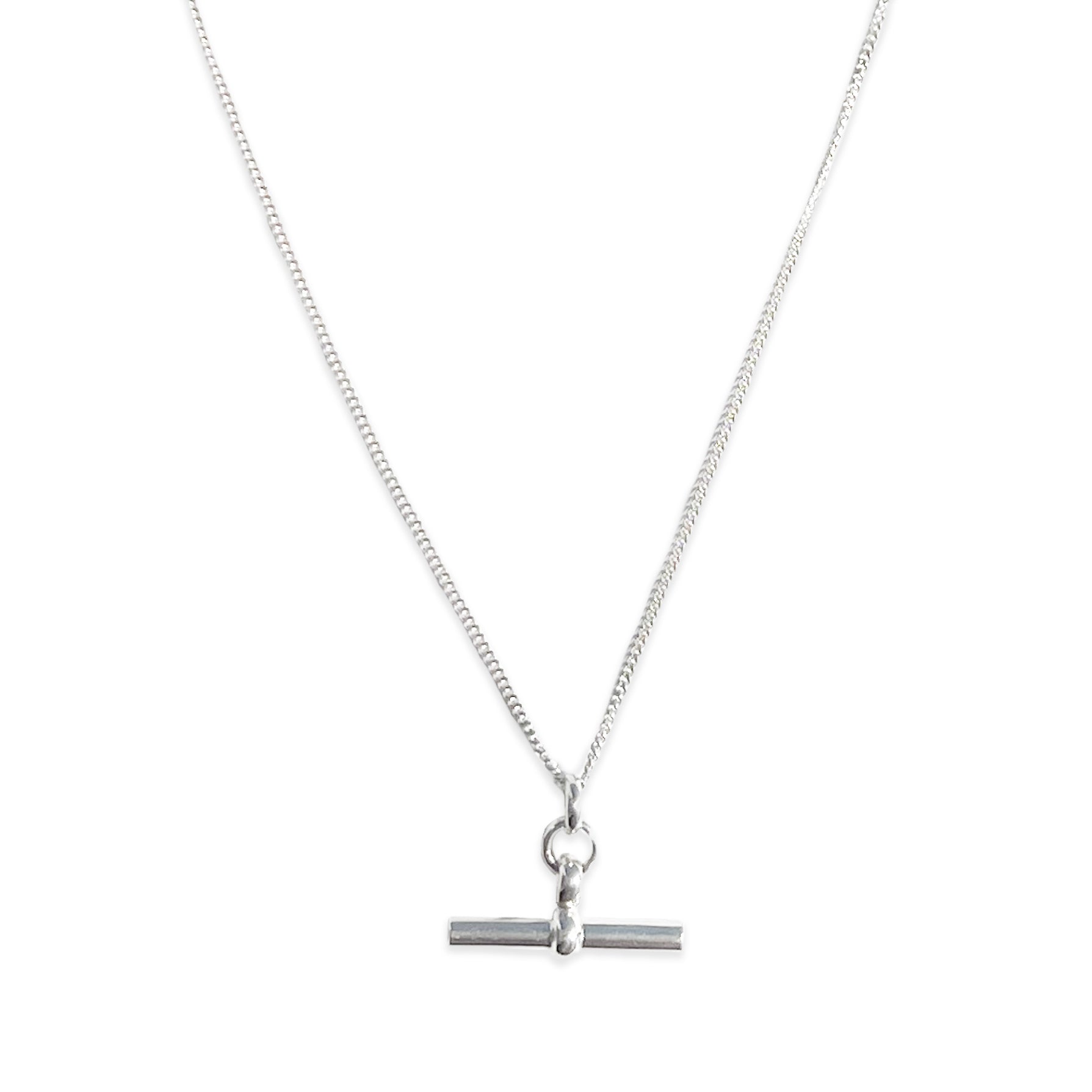 Sterling silver T-bar necklace on fine curb chain, classic statement jewellery by Angel Rocks