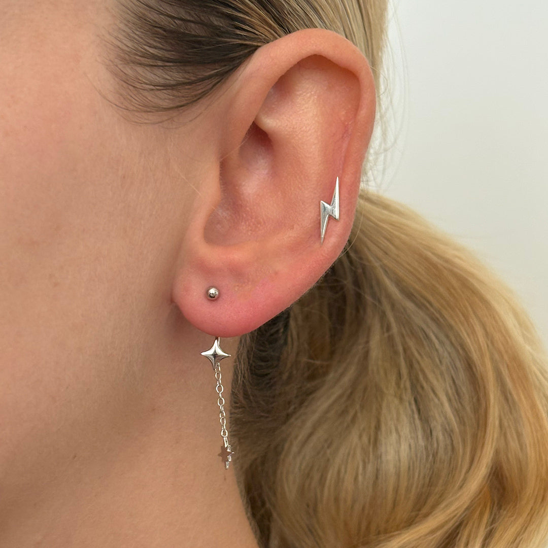 Sterling silver lightning bolt stud earring, Stackable stud, Angel Rocks