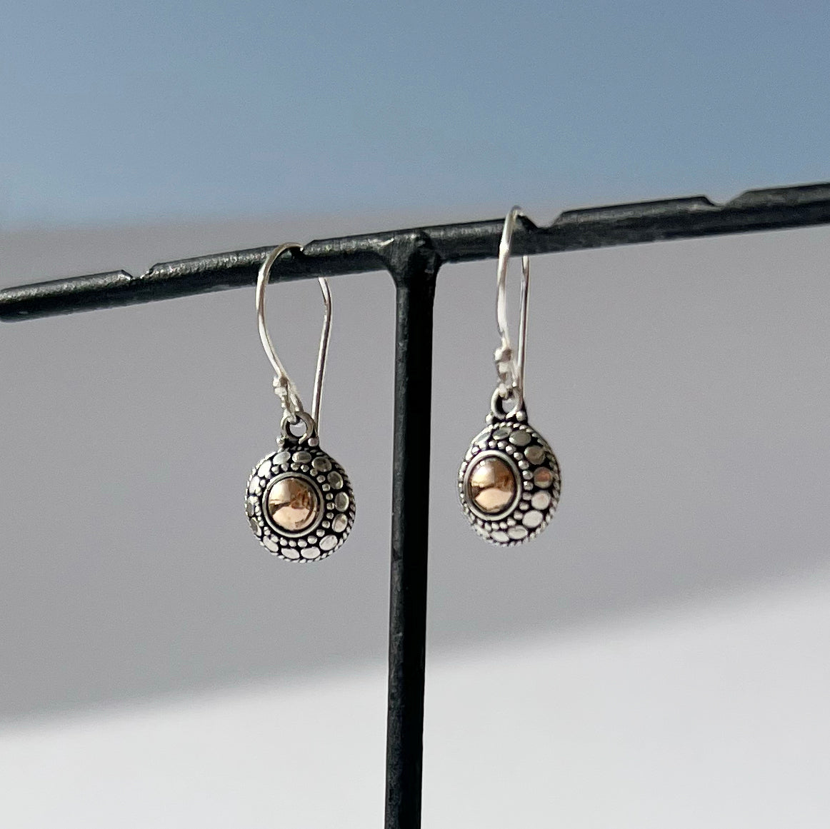 Sterling silver drop earrings with 18k rose gold dot detail, small delicate dangly earrings, Angel Rocks