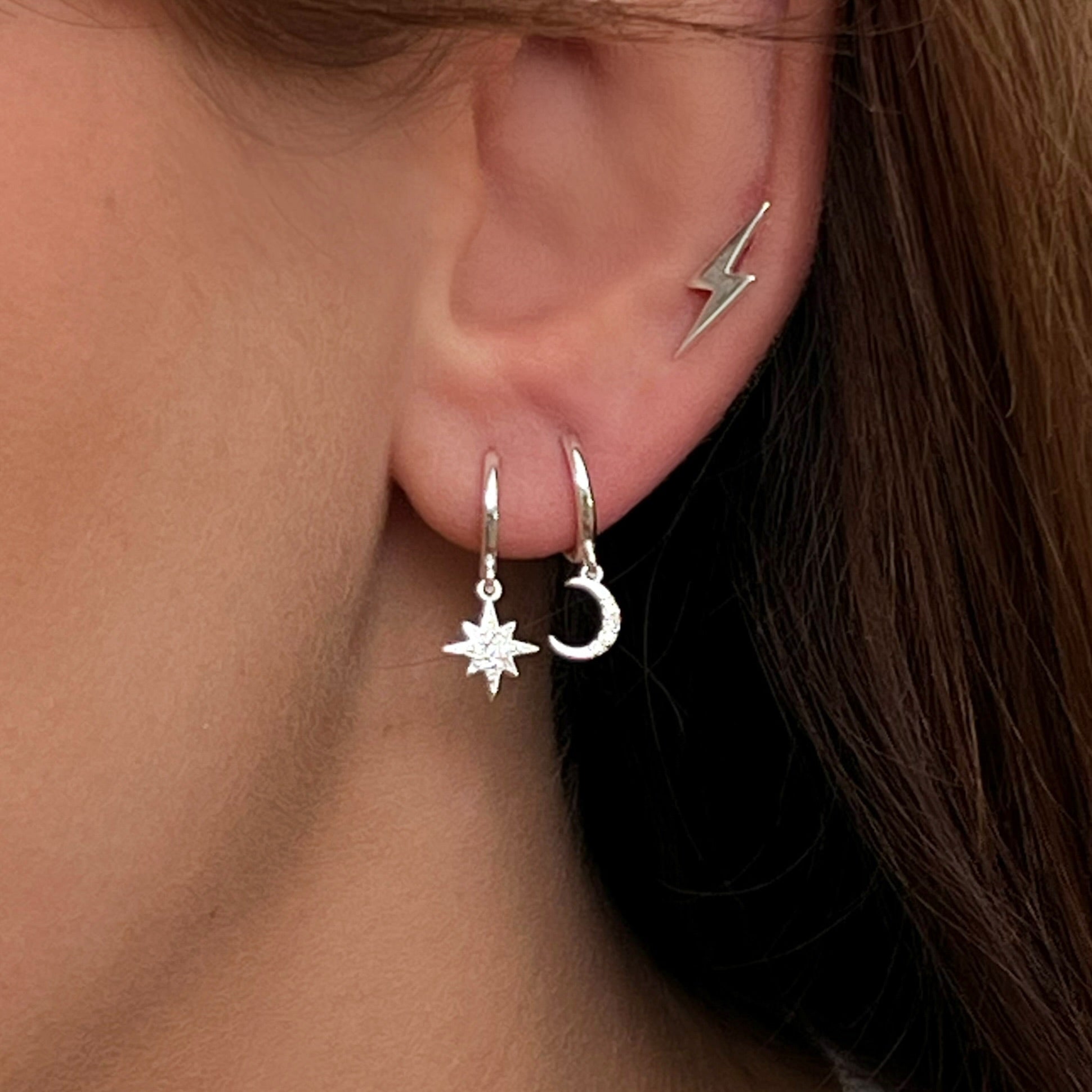 Sterling silver lightning bolt stud earring, Stackable stud, Angel Rocks
