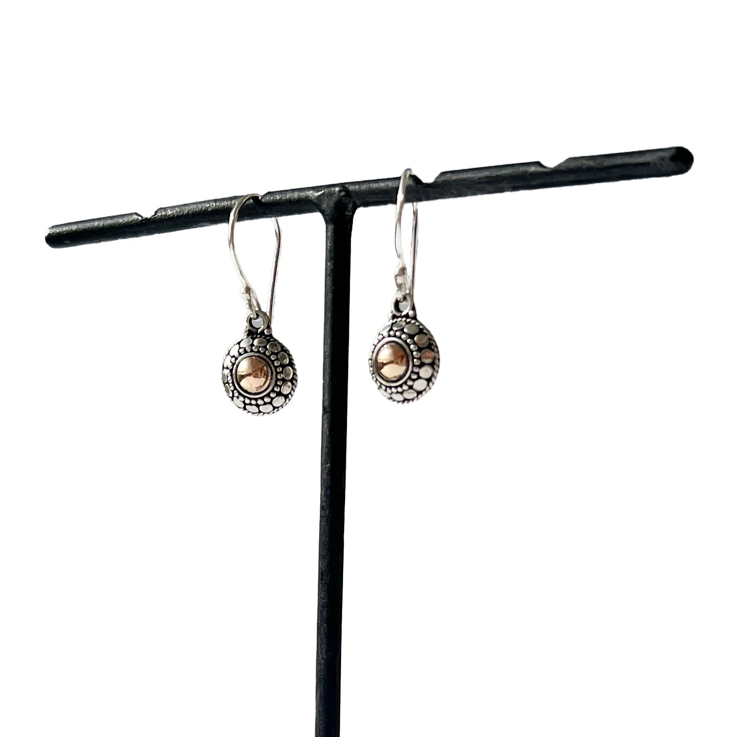 Sterling silver drop earrings with 18k rose gold dot detail, small delicate dangly earrings, Angel Rocks